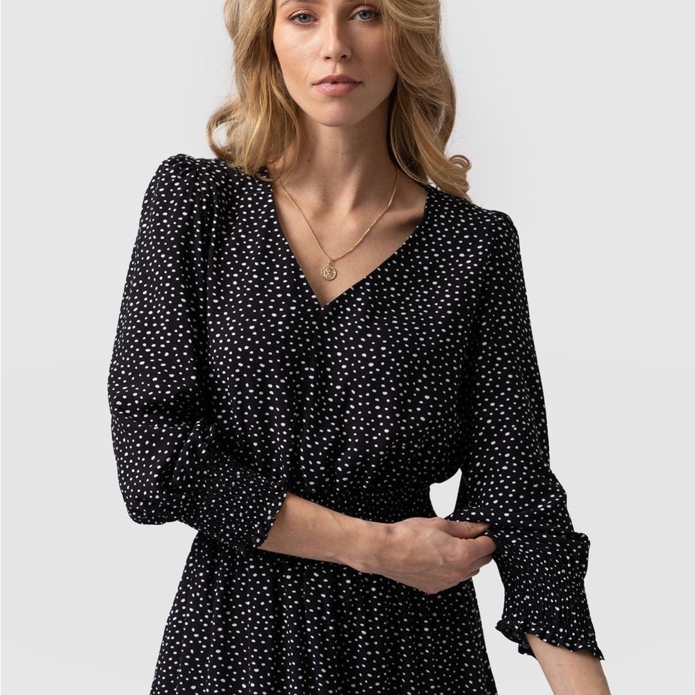 - Melloday midi dress Black polka dot.  Size Large NWT Boho. With Free Gift